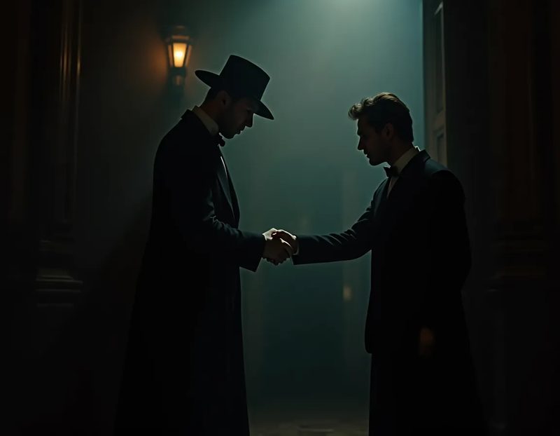 performer in dark suit shaking hands with a guest at a venue entrance, leaning slightly forward in attentive posture