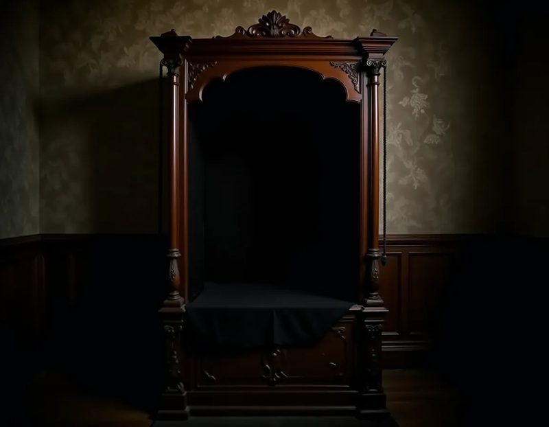 antique wooden séance cabinet with black curtain drawn, two rope loops visible at the sides, set against wallpapered Vic